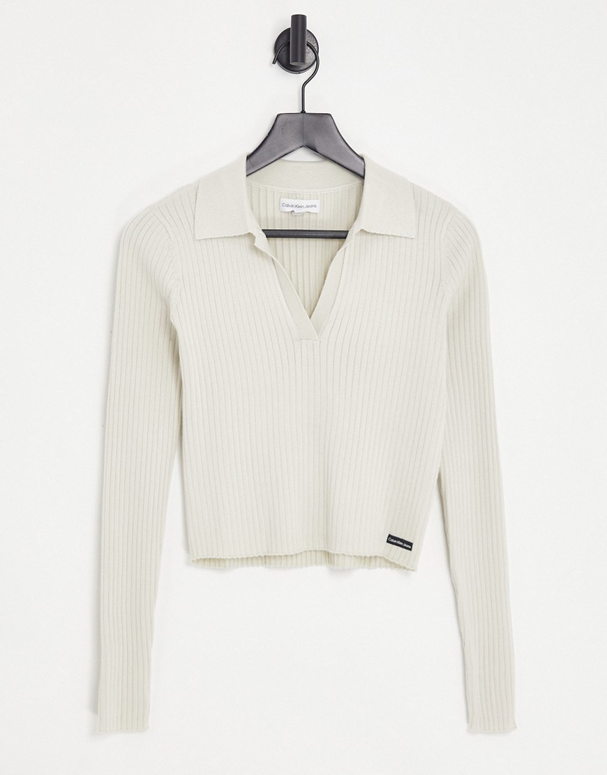 Calvin Klein Jeans ribbed long sleeve polo shirt in cream-White