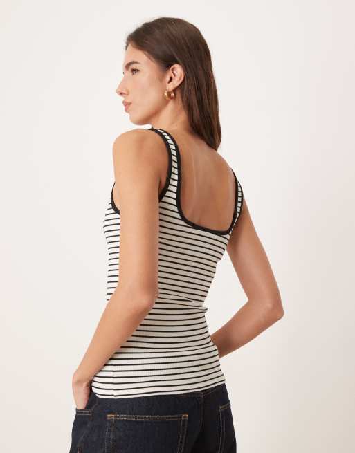 Calvin Klein Jeans - Ribstrikket tanktop med dyb og rund hals samt monogramlogo og sorte striber , 4 af 4