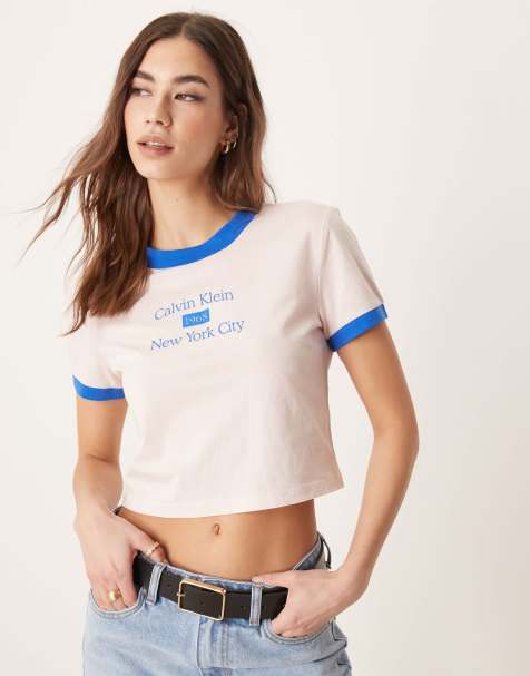 Calvin Klein Jeans ringer baby tee in pink and blue - view 1