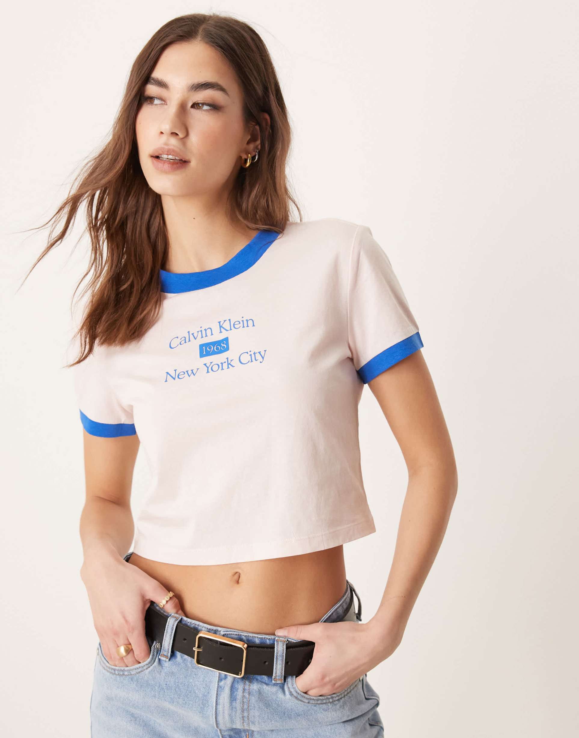 calvin klein jeans ringer baby tee in pink and blue
