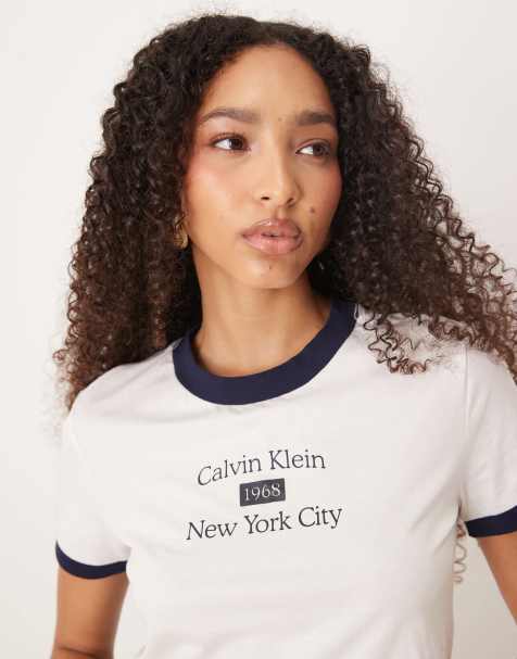 Calvin Klein Jeans ringer baby tee in white and navy - view 1