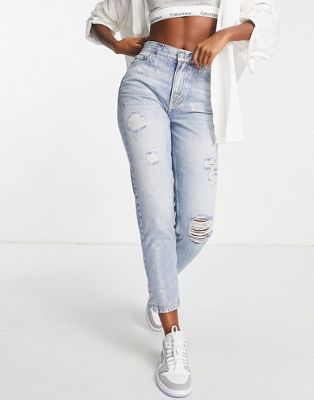 Calvin Klein Jeans ripped mom jean in light wash  - ASOS Price Checker