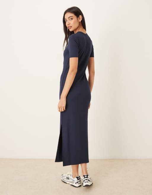 Calvin Klein Jeans - Robe côtelée mi-longue à manches courtes et logo - Bleu marine, 4 de 4