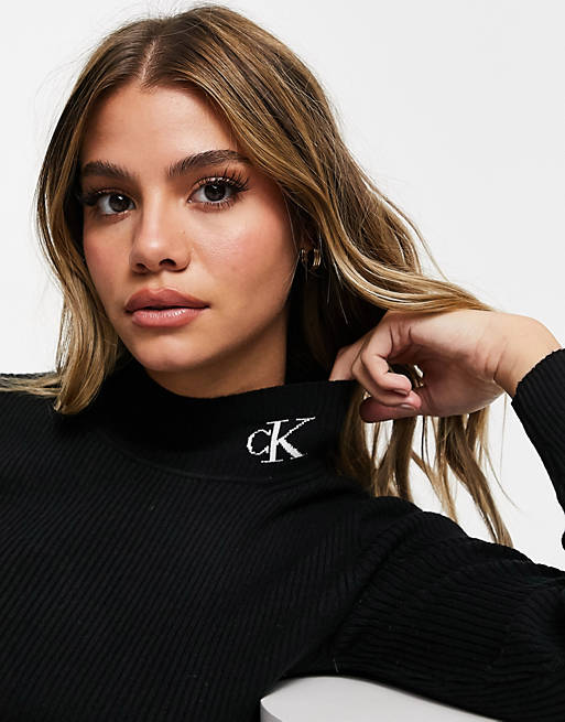 Calvin Klein Jeans roll neck sweater dress in black | ASOS