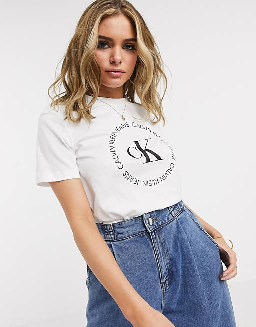 Calvin Klein Jeans round logo orignal fit t shirt in white | ASOS