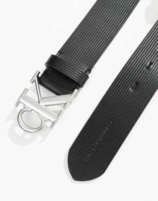 Calvin Klein Jeans round mono plaque 40mm leather belt in black, 3 of 4