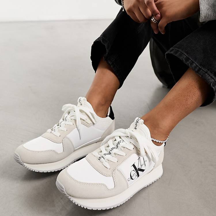 Calvin Klein Jeans runner sock laceup sneakers in white | ASOS