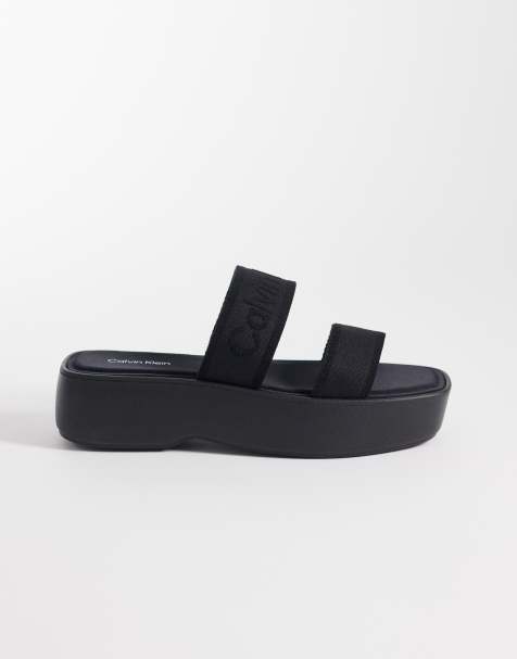 Calvin Klein Jeans – Sandalen in Schwarz mit gewebter Optik und flacher Plateausohle - view 1