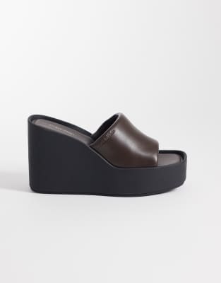 Jeans - Sandales style mules compensées en cuir - Marron-Brown 41