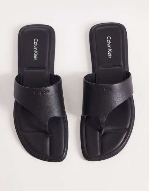 Calvin Klein Jeans - Sandali infradito bassi in pelle neri, 2 di 4