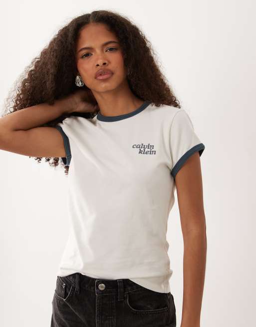 Calvin Klein Jeans – Schmal geschnittenes Ringer-T-Shirt in Wollweiß, 3 von 4