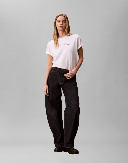 Calvin Klein Jeans script logo boxy t-shirt in white, 2 of 4