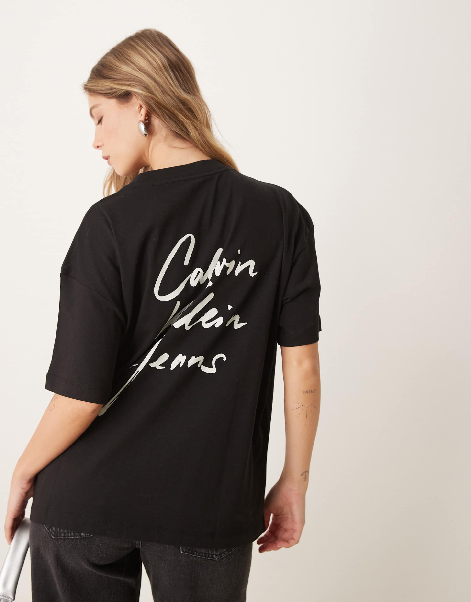 calvin klein jeans script logo oversized t-shirt in black