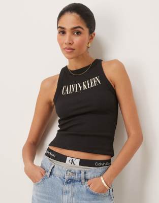 calvin klein jeans script logo rib tank top in black