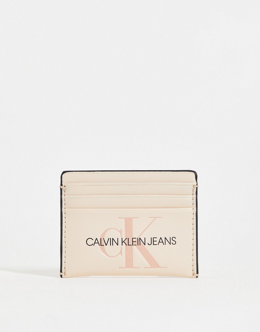 Calvin Klein Jeans sculpted monogram logo card holder in cream-White