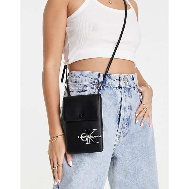 Calvin Klein Jeans minimal monogram phone crossbody bag in black