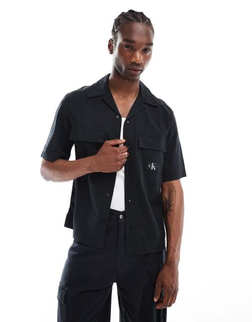 Calvin Klein Jeans seersucker short sleeve shirt in black ASOS