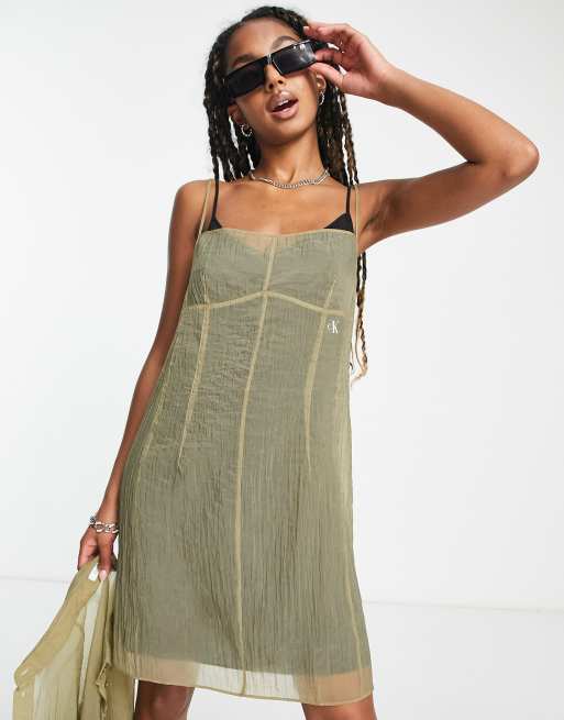 Calvin Klein Jeans sheer chiffon layering dress in brown | ASOS