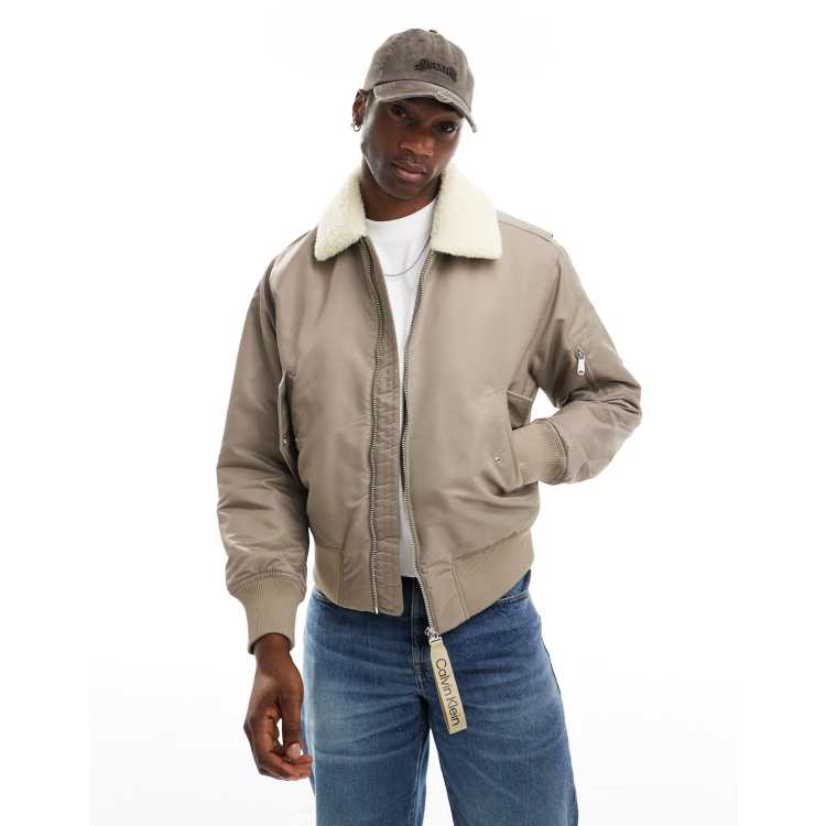 Calvin Klein Jeans sherpa collar aviator jacket in beige ASOS