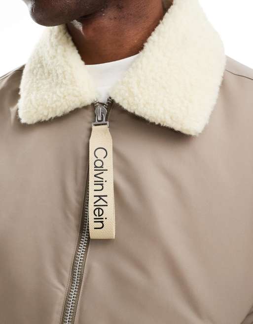 Calvin Klein Jeans sherpa collar aviator jacket in beige ASOS