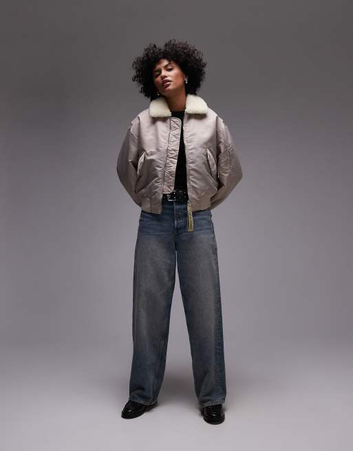 Calvin Klein Jeans sherpa collar aviator jacket in stone, 2 of 4