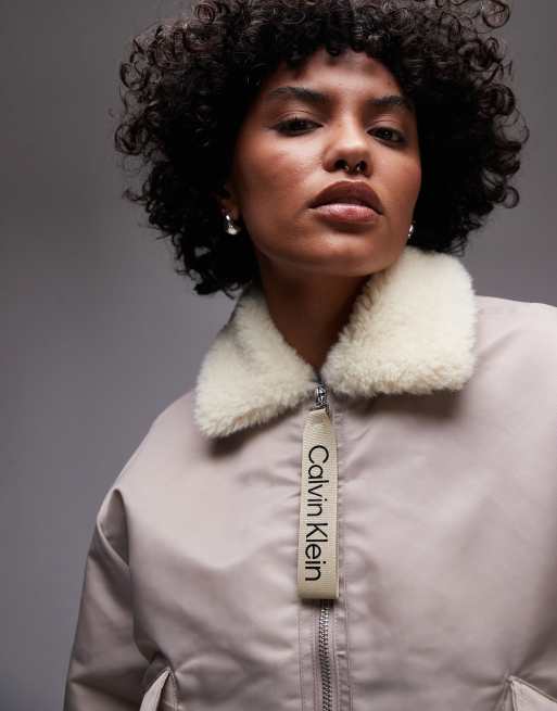 Calvin Klein Jeans sherpa collar aviator jacket in stone, 3 of 4
