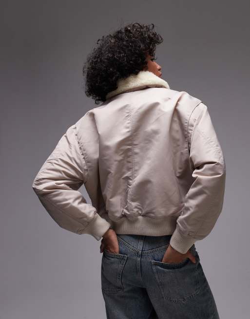 Calvin Klein Jeans sherpa collar aviator jacket in stone, 4 of 4
