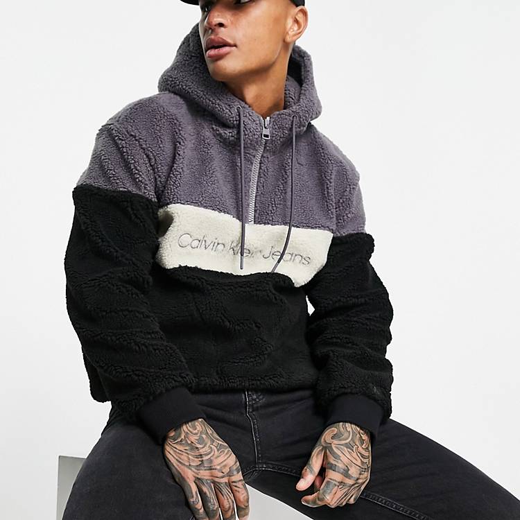 Calvin Klein Jeans sherpa color block hoodie in black/gray | ASOS