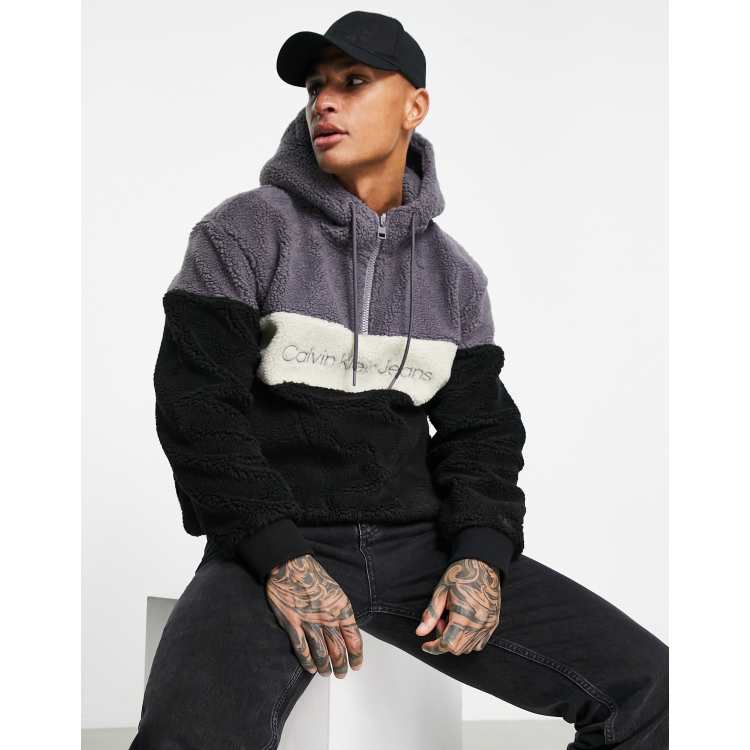 Calvin Klein Jeans sherpa color block hoodie in black gray ASOS