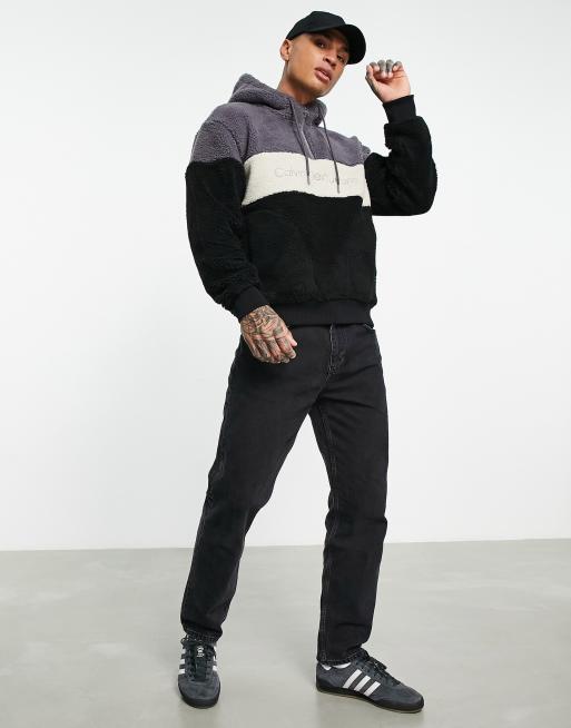 Calvin Klein Jeans sherpa color block hoodie in black/gray | ASOS