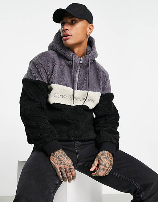 Calvin Klein Jeans sherpa colour-block hoodie in black/grey | ASOS