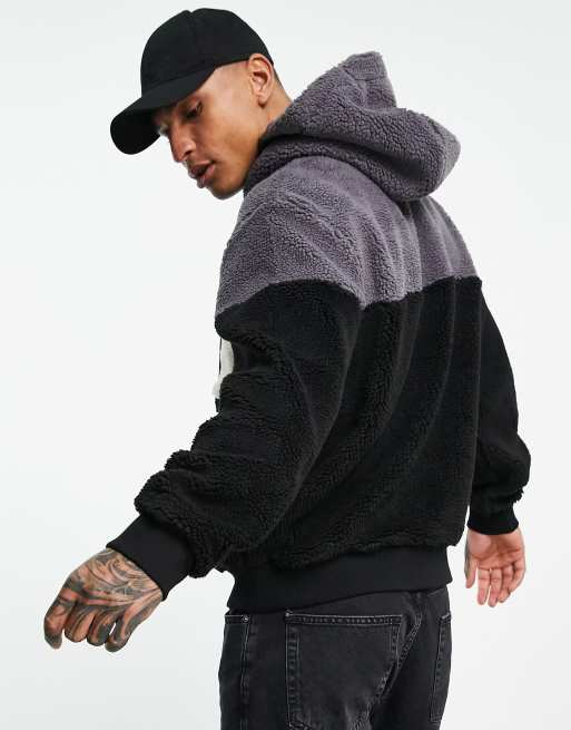 Calvin Klein Jeans sherpa colour block hoodie in black grey