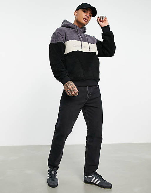 Calvin Klein Jeans sherpa colour-block hoodie in black/grey | ASOS