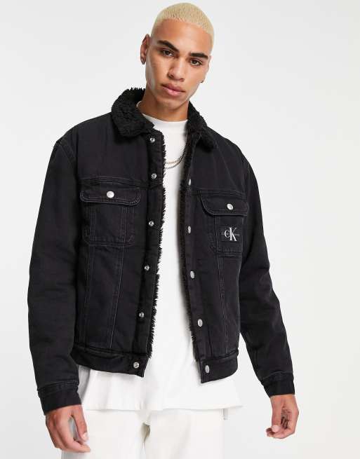 Calvin Klein Jeans sherpa lined denim jacket in black ASOS