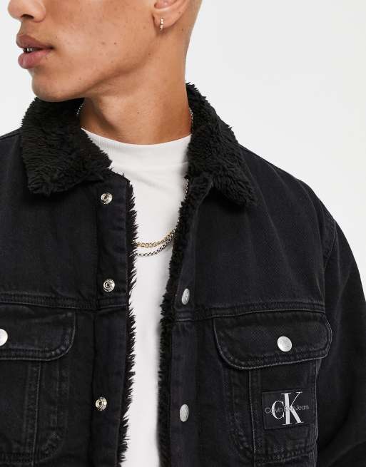 Calvin Klein Jeans sherpa lined denim jacket in black | ASOS