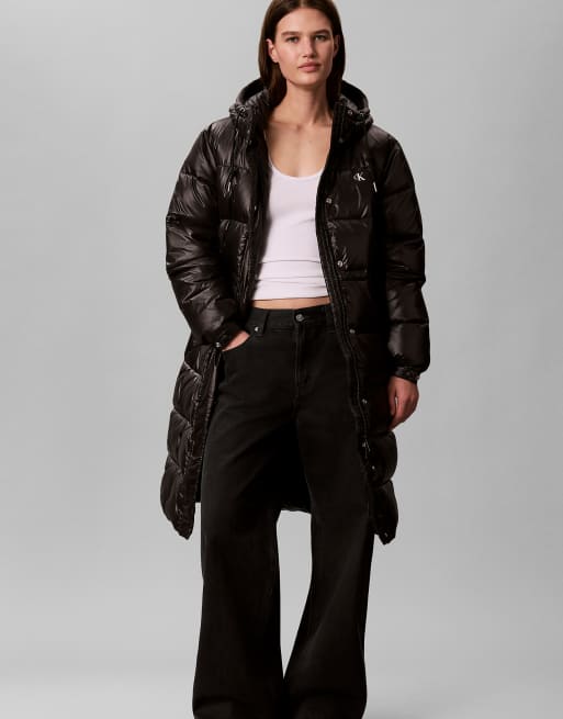 Calvin Klein Jeans Shiny long hooded puffer coat in black, 2 of 6