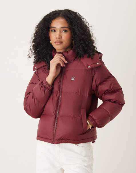 Calvin Klein Jeans short hooded puffer jacket with high neck in burgundy - view 1