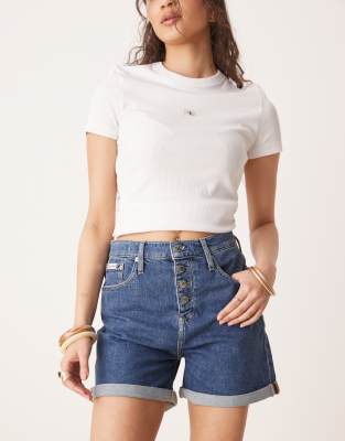 Jeans - Short mom avec ourlet à revers - Délavage foncé-Bleu W26