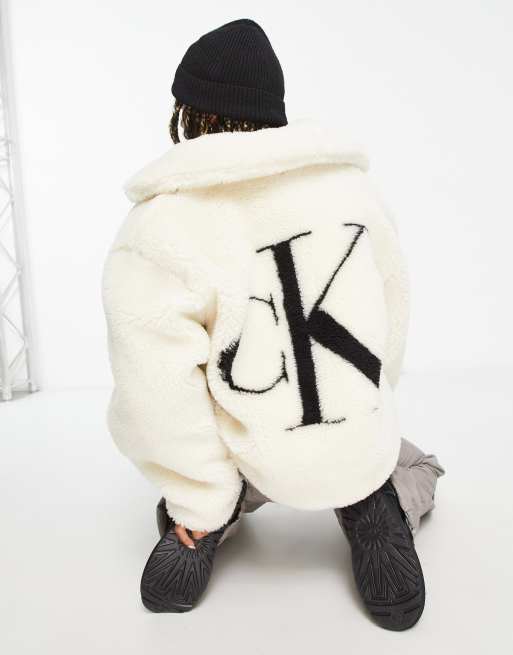 Calvin Klein Jeans logo sherpa joggers in eggshell