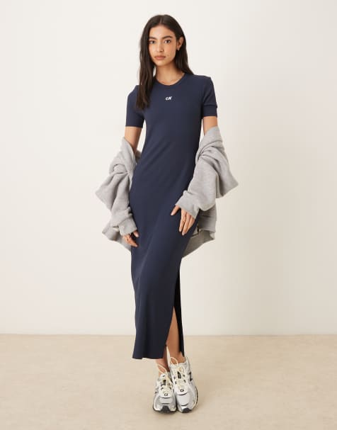Calvin Klein Jeans short sleeve logo rib mini dress in navy - view 1