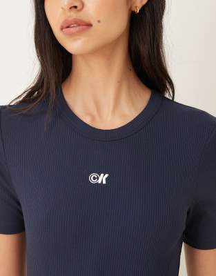 Calvin Klein Jeans Est.1978 Short Sleeve Logo Ribbed Mini Dress In Blue