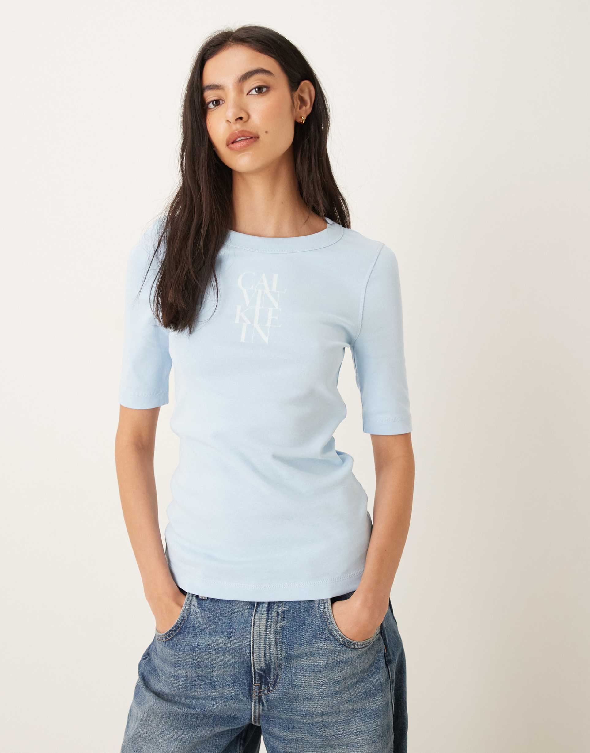 calvin klein jeans short sleeve logo ribbed t-shirt in light blue