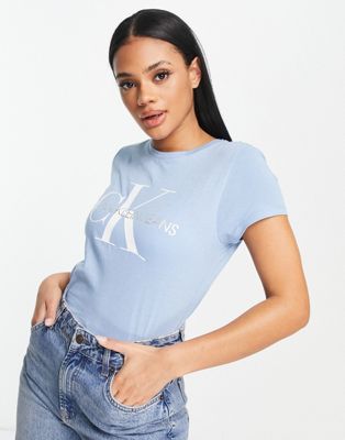 t-shirt Calvin monogram short | blue sleeve in Jeans ASOS Klein logo