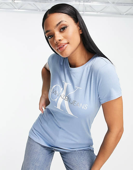 Calvin Klein Jeans short sleeve monogram logo t-shirt in blue | ASOS