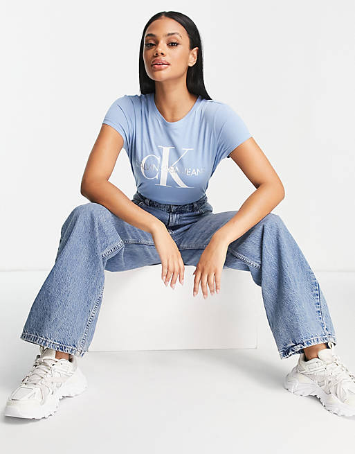 Calvin Klein Jeans short sleeve monogram logo t-shirt in blue | ASOS