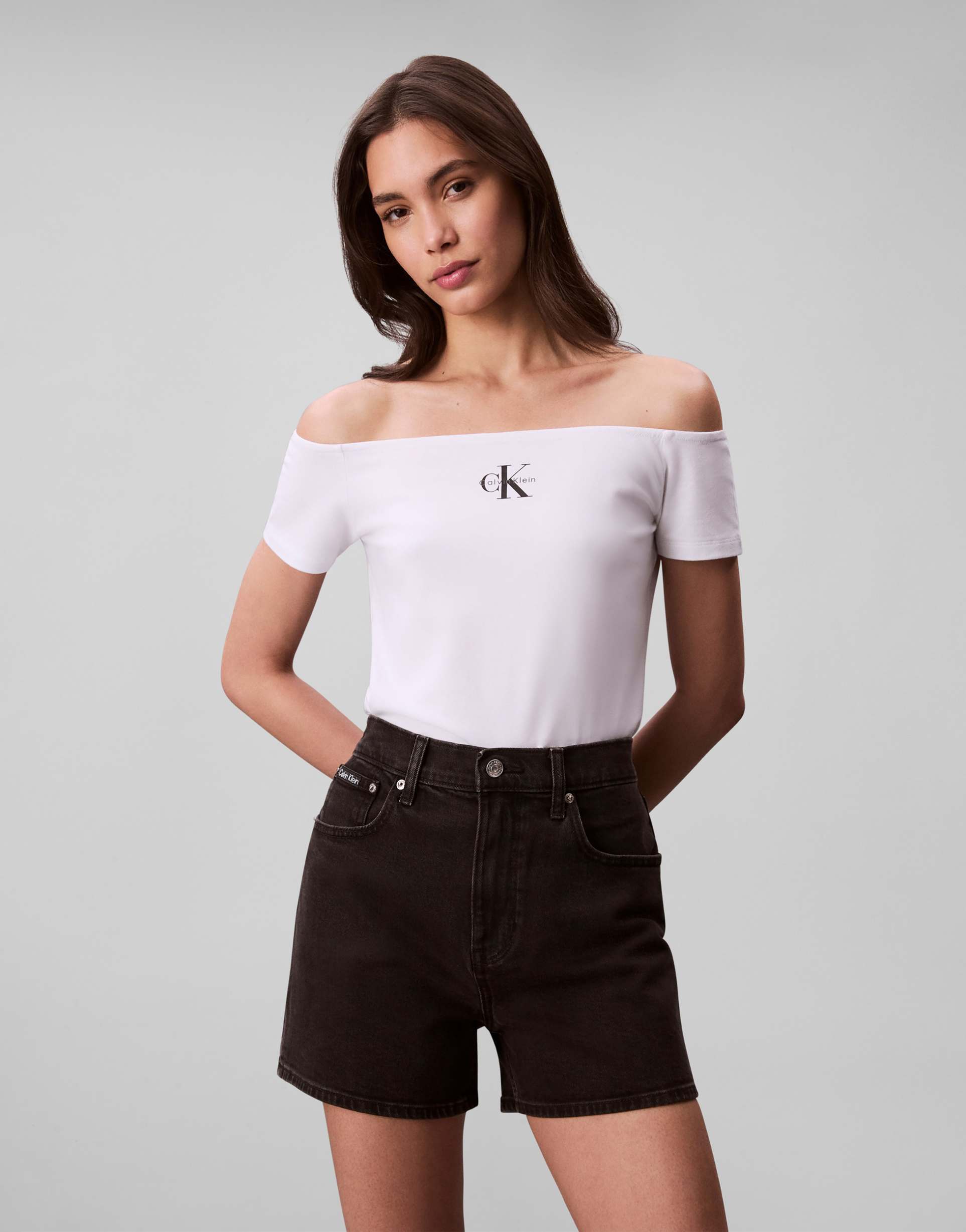 calvin klein jeans short sleeve off shoulder logo t-shirt in white