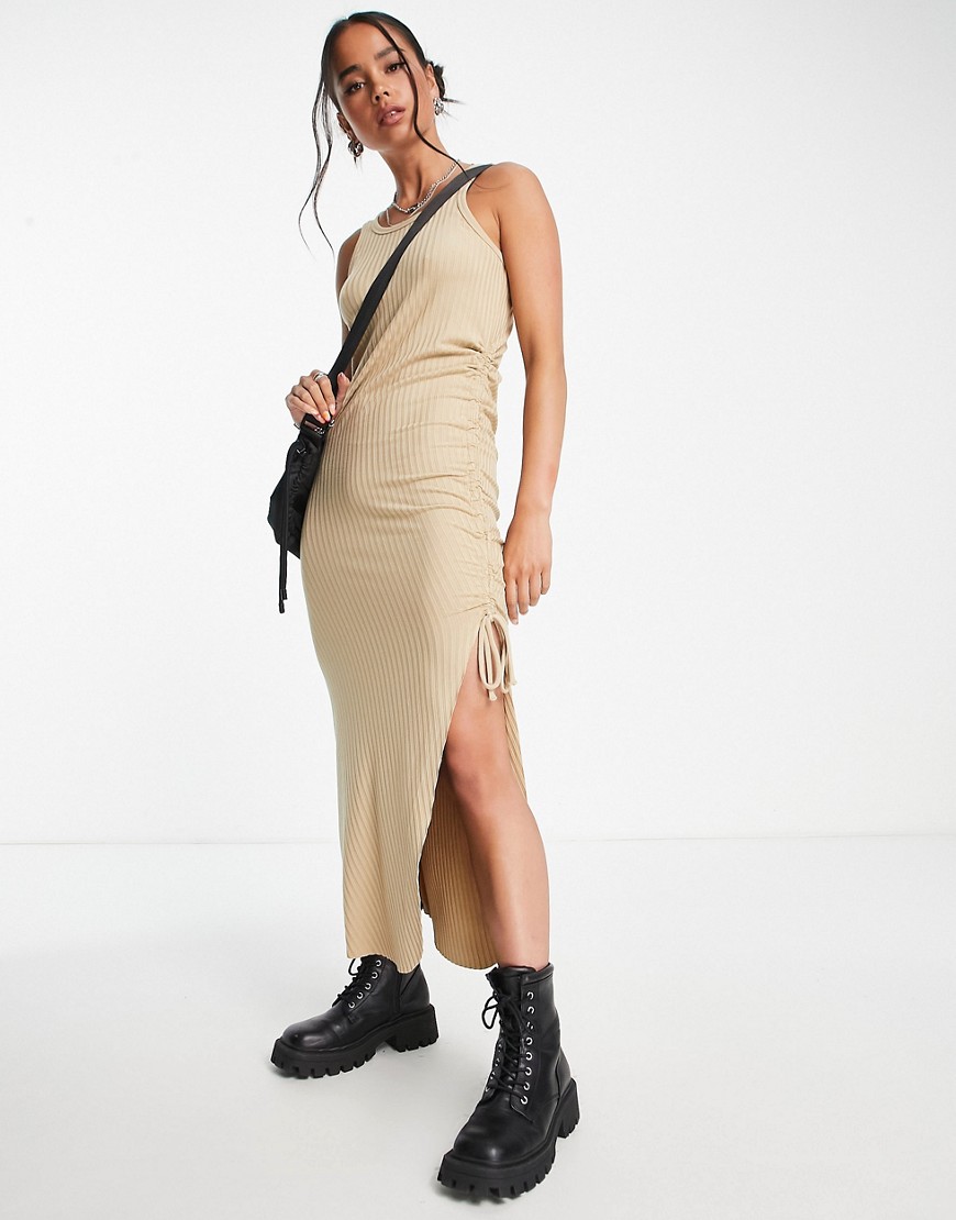 Calvin Klein Jeans side cinched midi tank dress in taupe-Neutral