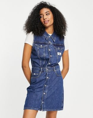 Calvin Klein Jeans sleeveless denim dress in mid wash  - ASOS Price Checker