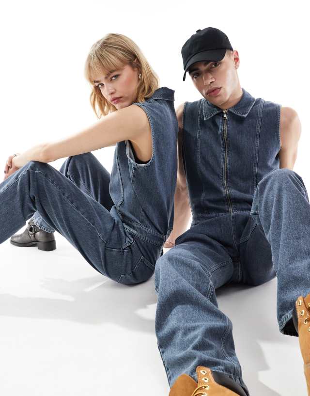 Calvin Klein Jeans - sleeveless zip denim jumpsuit in grey wash  - asos exclusive