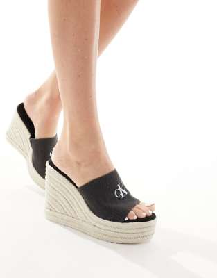 Calvin Klein Jeans slide wedge rope sandals in multi-Black